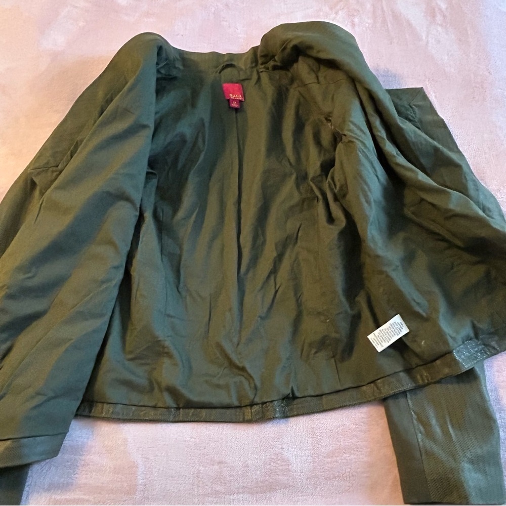 G.I.L.I open front drape cascading blazer jacket green leather size 12 fall - Picture 6 of 10